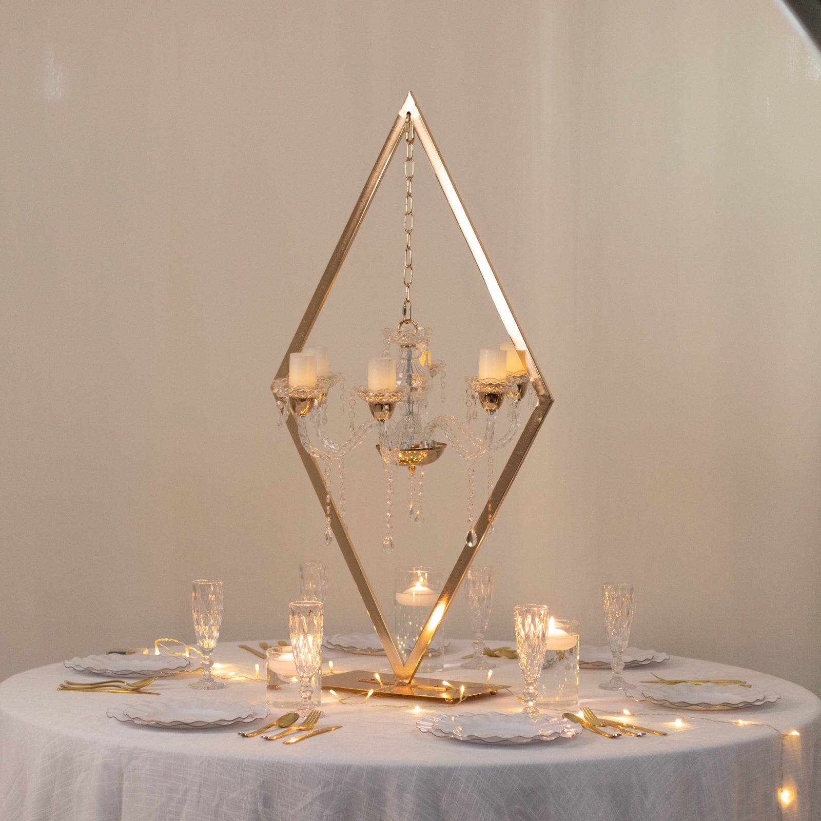 Gold Grand Table Centerpiece with Candle Holders, Diamond Frame 6-Arm Acrylic Candelabra Wedding Table Centerpiece - 45"